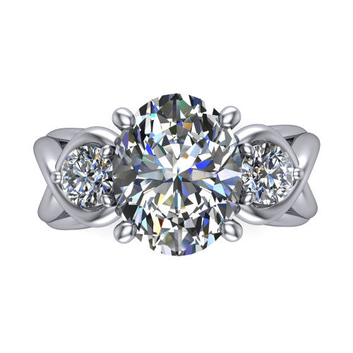 Ottilie oval three stone engagement ring in Platinum, top-down view showing the brilliant oval center diamond with two matched round side diamonds