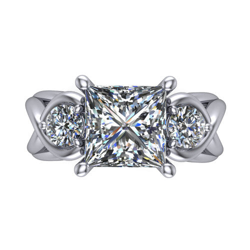 Ottilie princess three stone engagement ring in 14K White Gold, top-down view showing the brilliant princess-cut center diamond with two matched round side diamonds