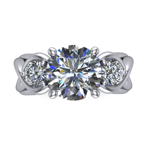 Ottilie round three stone engagement ring in 14K White Gold, top-down view showing the brilliant round center diamond with two matched round side diamonds