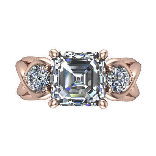 Ottilie square emerald three stone engagement ring in 14K Rose Gold, top-down view showing the step-cut square emerald center diamond with two matched round side diamonds