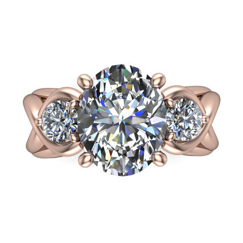 Ottilie marquise three stone engagement ring in 18K Rose Gold, top-down view showing the brilliant marquise center diamond with two matched round side diamonds