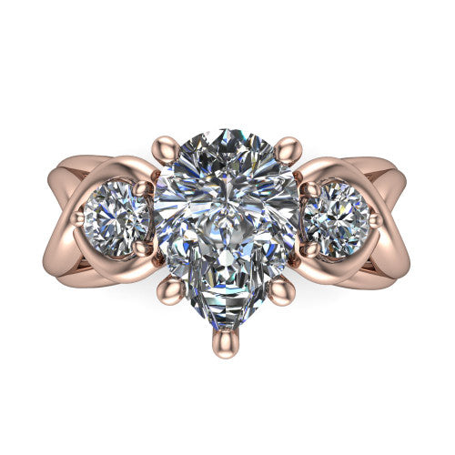 Ottilie pear three stone engagement ring in 18K Rose Gold, top-down view showing the brilliant pear-cut center diamond with two matched round side diamonds