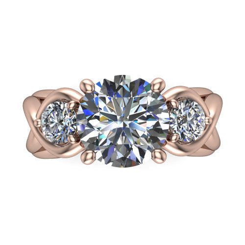 Ottilie round three stone engagement ring in 14K Rose Gold, top-down view showing the brilliant round center diamond with two matched round side diamonds