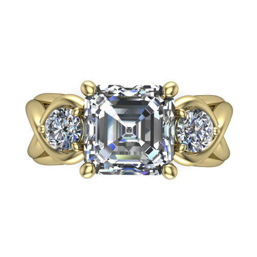 Ottilie square emerald three stone engagement ring in 18K Yellow Gold, top-down view showing the step-cut square emerald center diamond with two matched round side diamonds