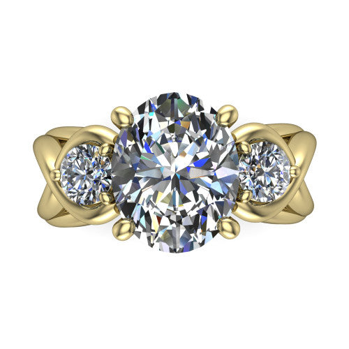Ottilie oval three stone engagement ring in 14K Yellow Gold, top-down view showing the brilliant oval center diamond with two matched round side diamonds
