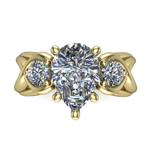 Ottilie pear three stone engagement ring in 18K Yellow Gold, top-down view showing the brilliant pear-cut center diamond with two matched round side diamonds