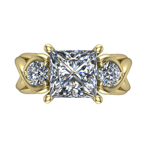 Ottilie princess three stone engagement ring in 18K Yellow Gold, top-down view showing the brilliant princess-cut center diamond with two matched round side diamonds
