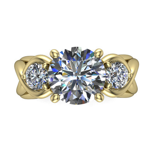 Ottilie round three stone engagement ring in 14K Yellow Gold, top-down view showing the brilliant round center diamond with two matched round side diamonds
