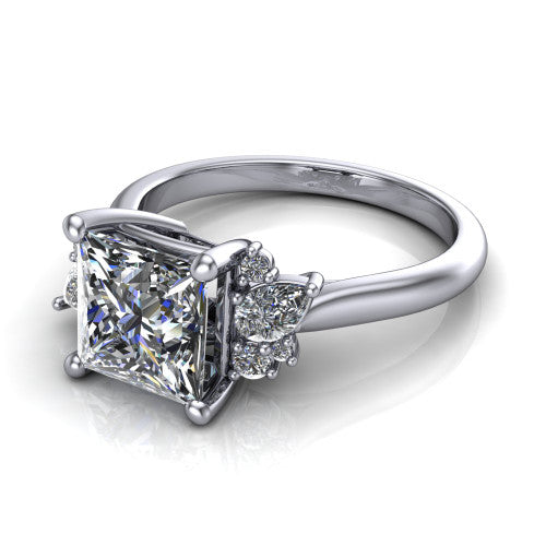 Evie princess vintage engagement ring in 14K White Gold, three-quarter perspective showing the cathedral rise and accent clusters fanning out on both sides of the center