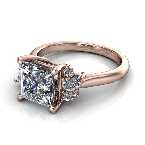 Genevieve princess vintage engagement ring in 18K Rose Gold, three-quarter perspective showing the brilliant princess-cut center diamond flanked by clusters of small round accent diamonds on tapered cathedral shoulders