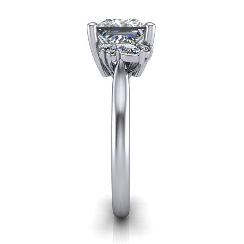 Genevieve princess vintage engagement ring in 18K White Gold, side profile showing the cluster head, tapered cathedral shoulders, and polished band