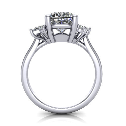 Genevieve cushion three stone engagement ring in 18K White Gold, through-finger front profile showing the cluster head and open under-gallery