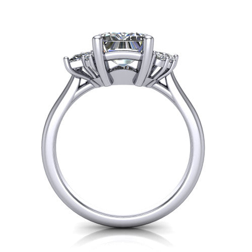 Genevieve emerald three stone engagement ring in 18K White Gold, through-finger front profile showing the cluster head and open under-gallery