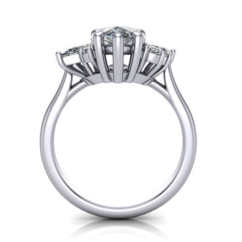 Genevieve pear three stone engagement ring in 18K White Gold, through-finger front profile showing the cluster head and open under-gallery