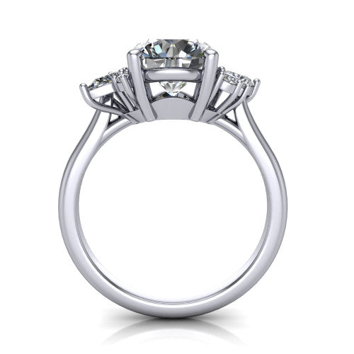 Genevieve round three stone engagement ring in 18K White Gold, through-finger front profile showing the cluster head and open under-gallery