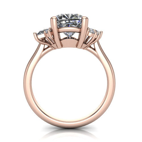 Genevieve cushion three stone engagement ring in 18K Rose Gold, through-finger front profile showing the cluster head and open under-gallery