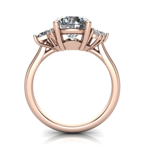 Genevieve round three stone engagement ring in 18K Rose Gold, through-finger front profile showing the cluster head and open under-gallery