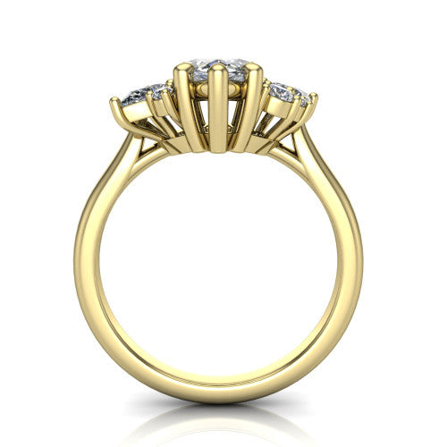 Genevieve marquise three stone engagement ring in 18K Yellow Gold, through-finger front profile showing the cluster head and open under-gallery