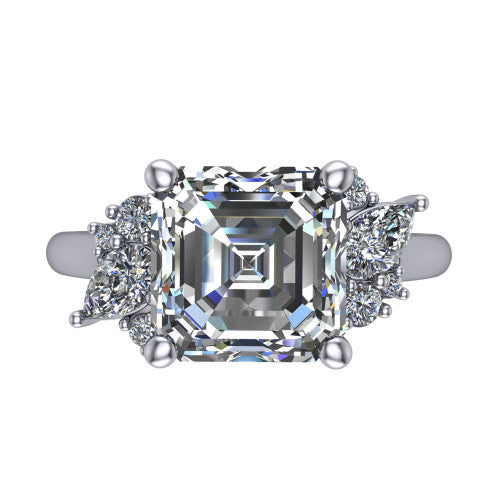 Genevieve square emerald vintage engagement ring in Platinum, top-down view showing the step-cut square emerald center diamond with diamond clusters on each side