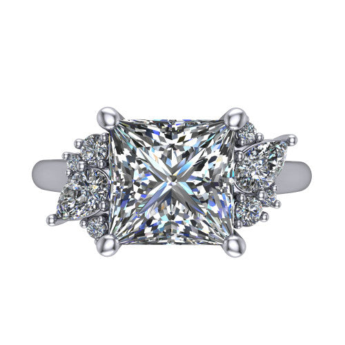 Genevieve princess vintage engagement ring in Platinum, top-down view showing the brilliant princess-cut center diamond with diamond clusters on each side