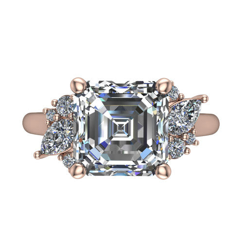 Genevieve square emerald vintage engagement ring in 14K Rose Gold, top-down view showing the step-cut square emerald center diamond with diamond clusters on each side