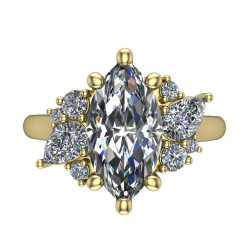 Genevieve marquise three stone engagement ring in 14K Yellow Gold, top-down view showing the brilliant marquise center diamond with diamond clusters on each side
