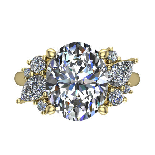 Genevieve oval three stone engagement ring in 14K Yellow Gold, top-down view showing the brilliant oval center diamond with diamond clusters on each side