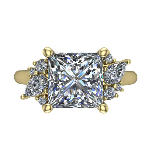 Genevieve princess vintage engagement ring in 14K Yellow Gold, top-down view showing the brilliant princess-cut center diamond with diamond clusters on each side