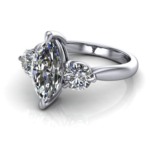 Juniper marquise three stone engagement ring in Platinum, three-quarter perspective showing the brilliant marquise center diamond flanked by two round side diamonds on a rounded plain band
