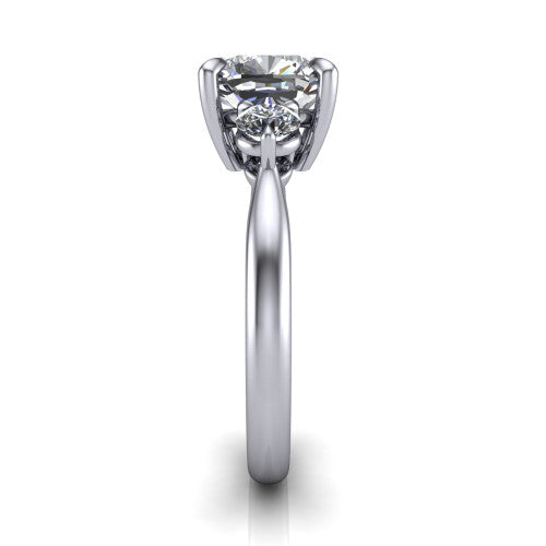 Juniper cushion three stone engagement ring in 14K White Gold, side profile showing the three-stone head and slim rounded polished band