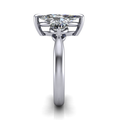 Juniper marquise three stone engagement ring in 18K White Gold, side profile showing the three-stone head and slim rounded polished band