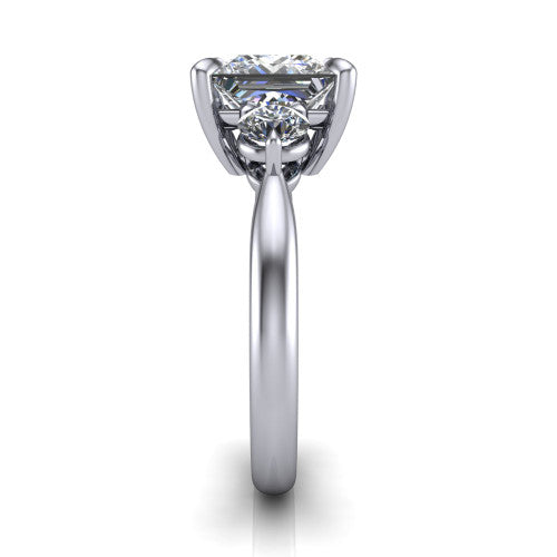 Juniper princess three stone engagement ring in 18K White Gold, side profile showing the three-stone head and slim rounded polished band