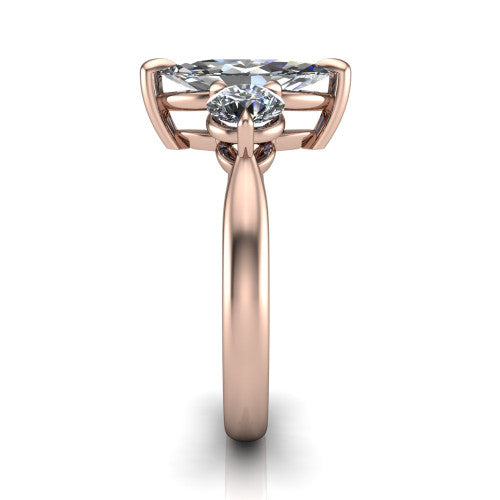 Juniper marquise three stone engagement ring in 14K Rose Gold, side profile showing the three-stone head and slim rounded polished band