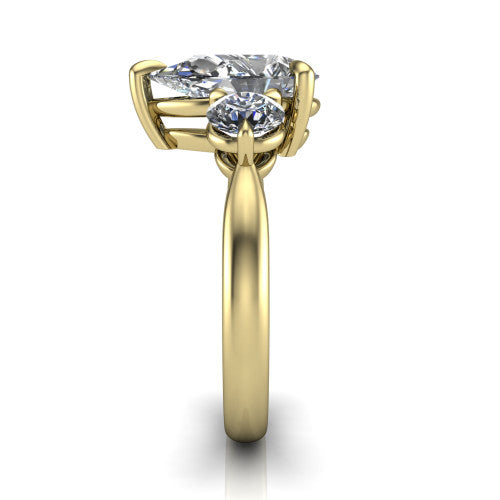 Juniper pear three stone engagement ring in 14K Yellow Gold, side profile showing the three-stone head and slim rounded polished band
