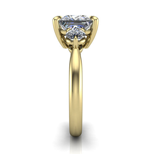 Juniper princess three stone engagement ring in 14K Yellow Gold, side profile showing the three-stone head and slim rounded polished band