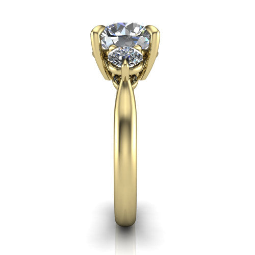 Juniper round three stone engagement ring in 14K Yellow Gold, side profile showing the three-stone head and slim rounded polished band
