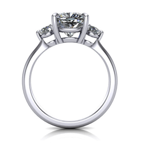 Juniper cushion three stone engagement ring in 14K White Gold, through-finger front profile showing the three-stone head and clean open under-gallery