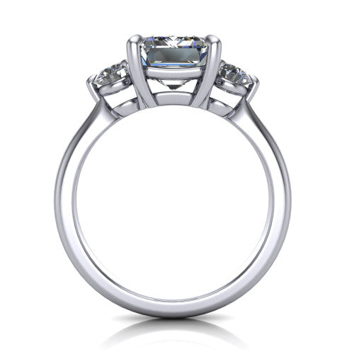 Juniper emerald three stone engagement ring in 14K White Gold, through-finger front profile showing the three-stone head and clean open under-gallery