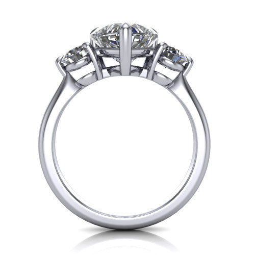 Juniper heart three stone engagement ring in 18K White Gold, through-finger front profile showing the three-stone head and clean open under-gallery