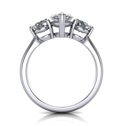 Juniper marquise three stone engagement ring in Platinum, through-finger front profile showing the three-stone head and clean open under-gallery