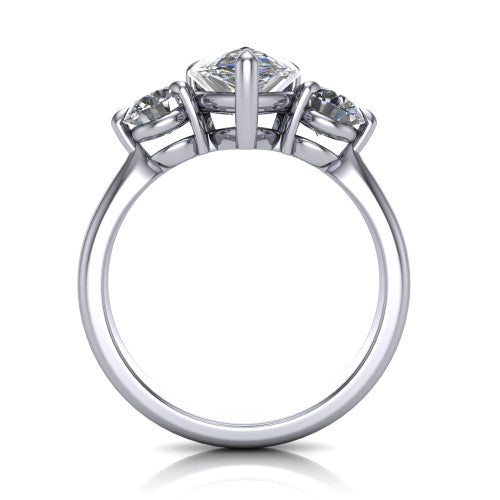Juniper pear three stone engagement ring in 18K White Gold, through-finger front profile showing the three-stone head and clean open under-gallery