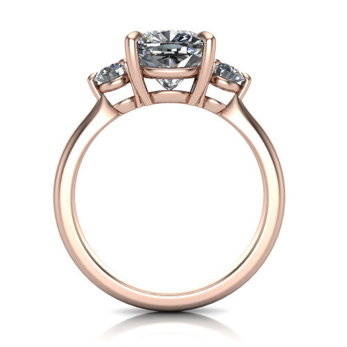 Juniper cushion three stone engagement ring in 14K Rose Gold, through-finger front profile showing the three-stone head and clean open under-gallery