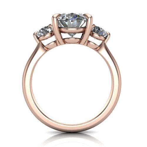 Juniper oval three stone engagement ring in 18K Rose Gold, through-finger front profile showing the three-stone head and clean open under-gallery