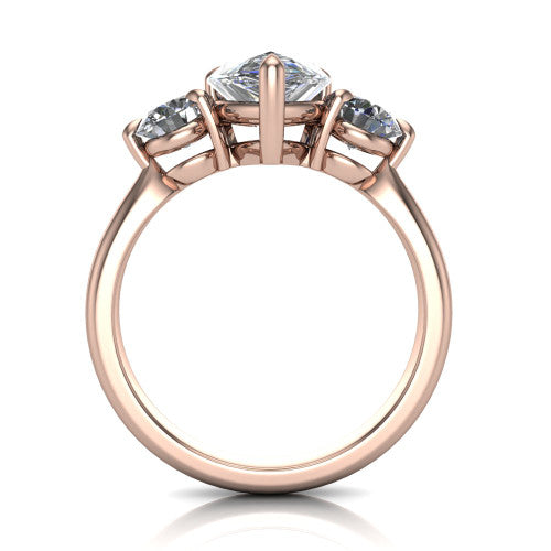 Juniper pear three stone engagement ring in 14K Rose Gold, through-finger front profile showing the three-stone head and clean open under-gallery