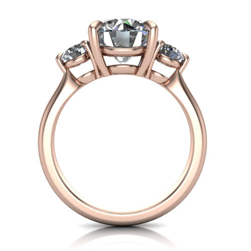 Juniper round three stone engagement ring in 18K Rose Gold, through-finger front profile showing the three-stone head and clean open under-gallery
