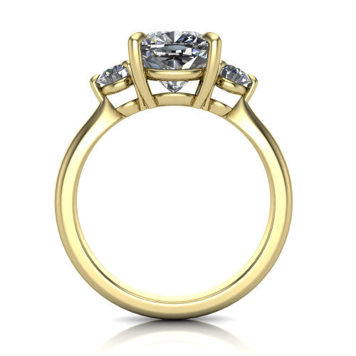 Juniper cushion three stone engagement ring in 14K Yellow Gold, through-finger front profile showing the three-stone head and clean open under-gallery