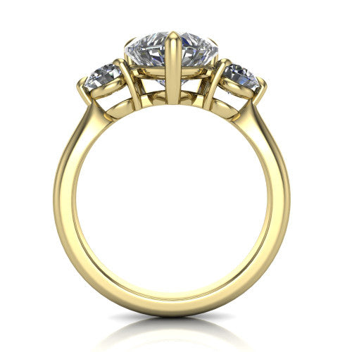 Juniper heart three stone engagement ring in 18K Yellow Gold, through-finger front profile showing the three-stone head and clean open under-gallery
