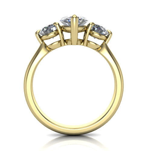Juniper marquise three stone engagement ring in 14K Yellow Gold, through-finger front profile showing the three-stone head and clean open under-gallery