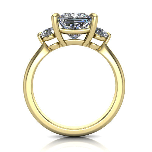 Juniper princess three stone engagement ring in 14K Yellow Gold, through-finger front profile showing the three-stone head and clean open under-gallery