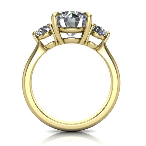 Juniper round three stone engagement ring in 14K Yellow Gold, through-finger front profile showing the three-stone head and clean open under-gallery